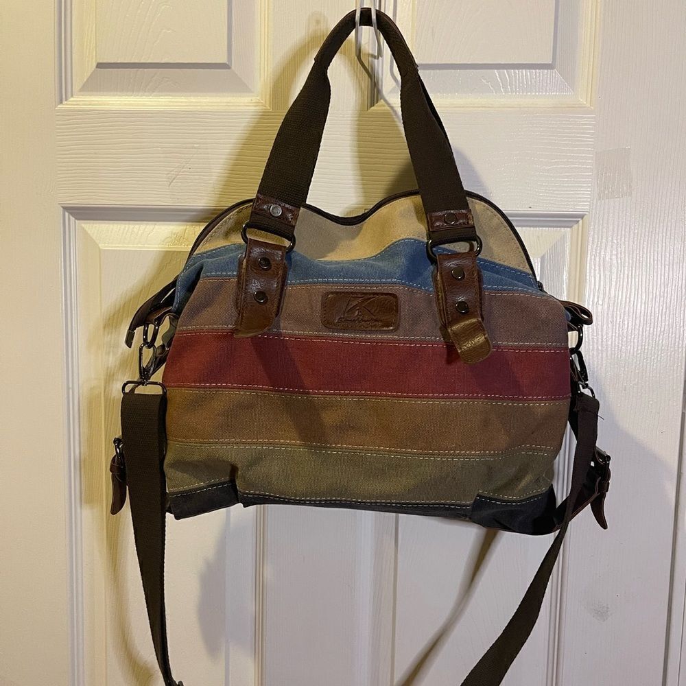 SUNSHINEJING Striped Canvas Tote Crossbody Strap Double Handles